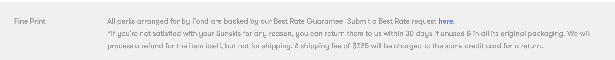 An image of the bottom of a perk page on the Fond website where a user can click to navigate to the Best Rate Guarantee form