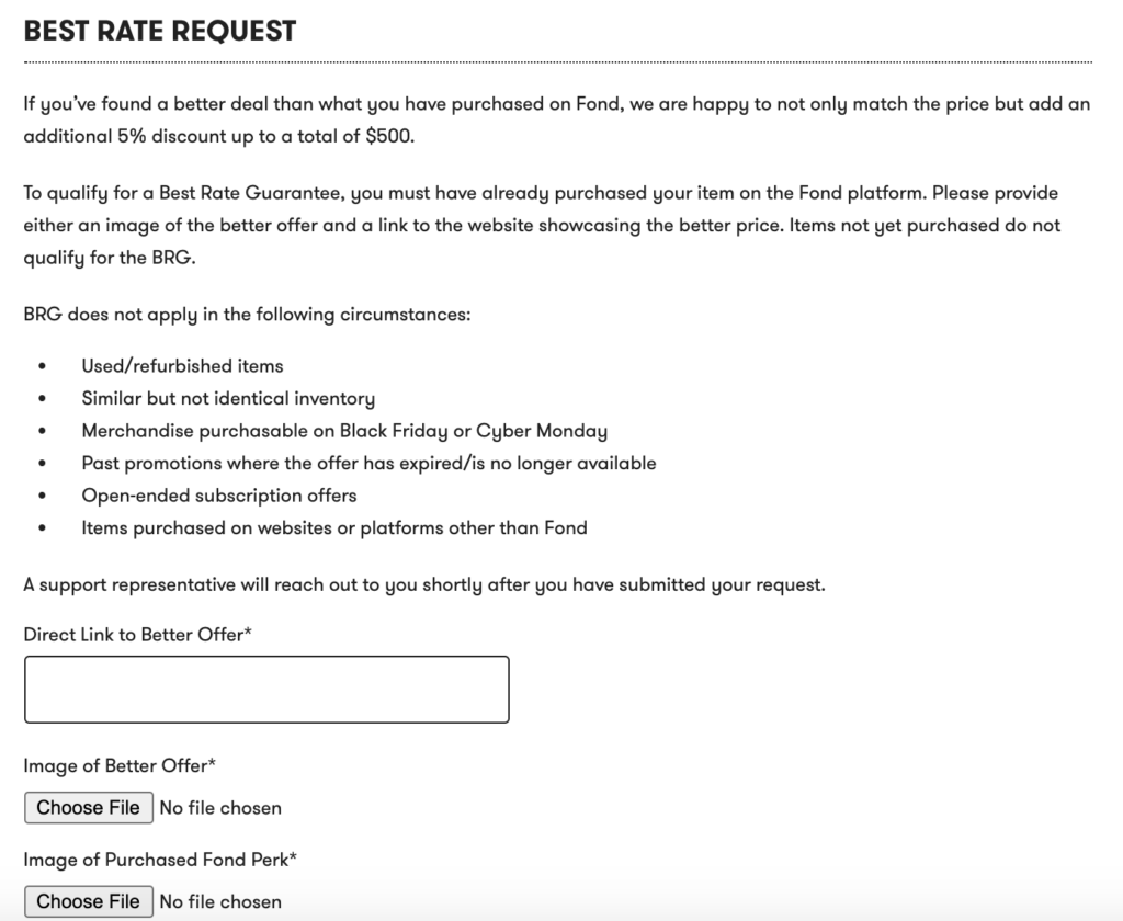 The Best Rate Guarantee form on the Fond website