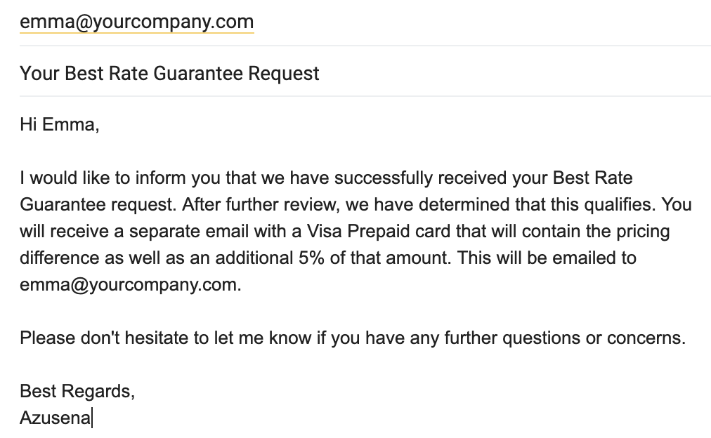 An email from a Fond Customer Success team member verifying that the user has successfully submitted a Best Rate Guarantee request. The user will receive a Visa prepaid gift card with the difference, plus an additional 5% of the amount.