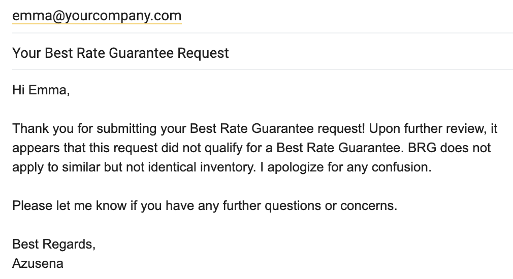 A Best Rate Guarantee request submitted that has been rejected.